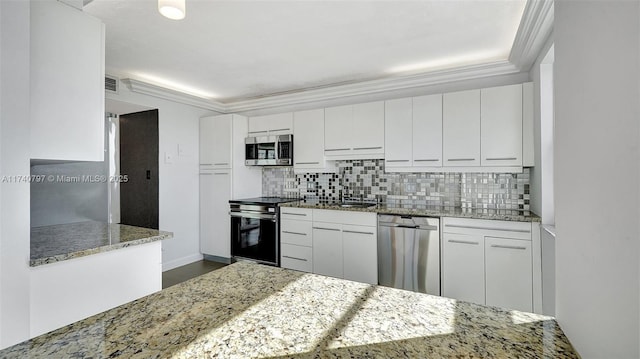 2801 NE 183rd St Unit 517W, Aventura, FL 33160 - kitchen with stainless steel appliances, tasteful backsplash, light stone countertops, white cabinets, and ornamental molding
