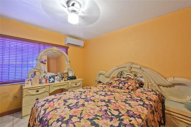 bedroom featuring light tile patterned floors, a wall mounted AC, and ceiling fan