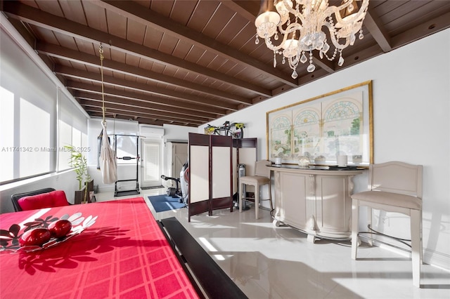 bedroom featuring wood ceiling, beam ceiling, and a notable chandelier