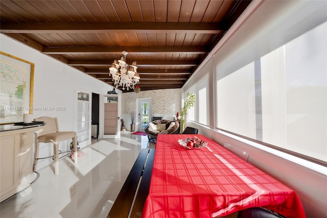 dining space with an inviting chandelier, beam ceiling, and wooden ceiling