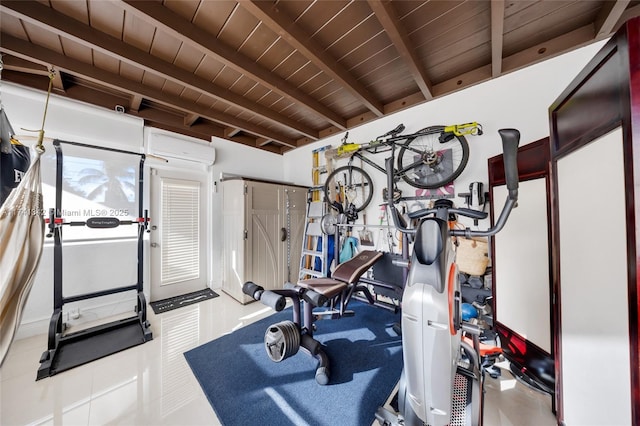 workout area with wood ceiling and an AC wall unit