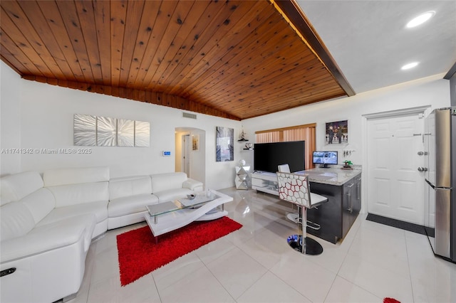 tiled living room featuring vaulted ceiling and wooden ceiling