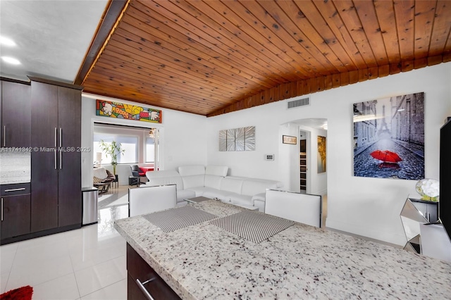 kitchen featuring dark brown cabinetry, vaulted ceiling, and wooden ceiling