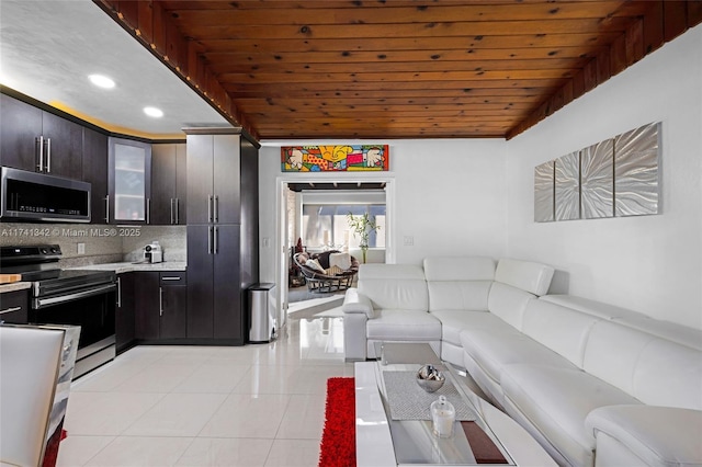 living room featuring lofted ceiling, wooden ceiling, and light tile patterned flooring