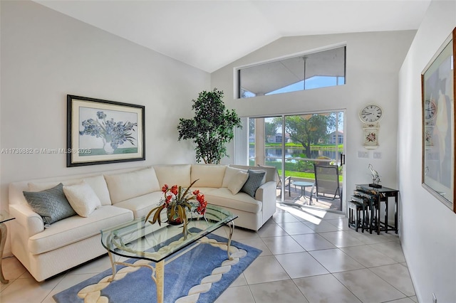 tiled living room with vaulted ceiling