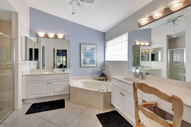 bathroom with ceiling fan, shower with separate bathtub, and tile patterned flooring