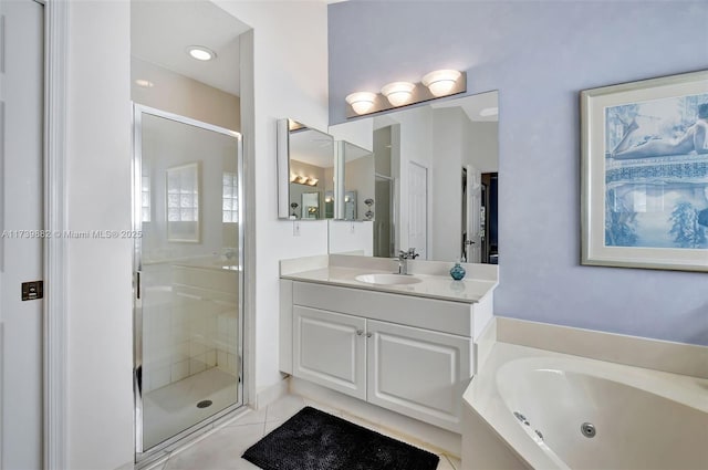 bathroom with tile patterned floors, vanity, and plus walk in shower