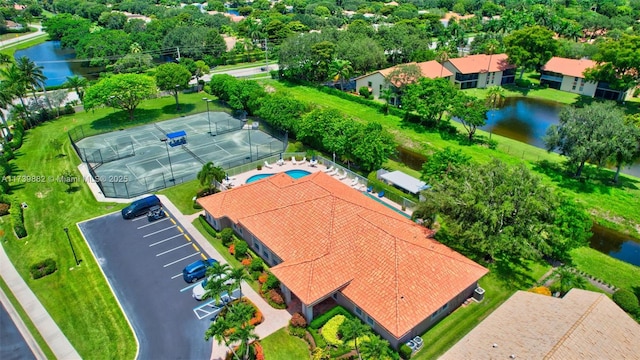 drone / aerial view with a water view