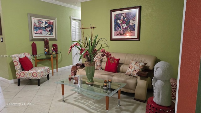 living room with light tile patterned flooring and crown molding