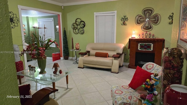 tiled living room featuring ornamental molding