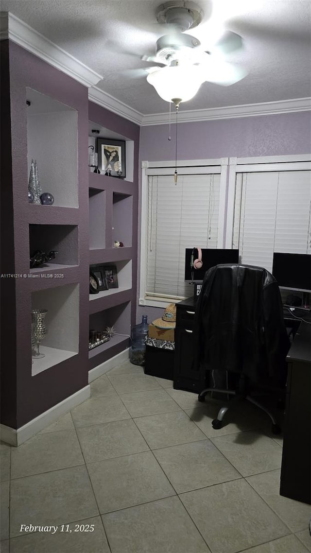 home office with light tile patterned floors, crown molding, a textured ceiling, and built in shelves