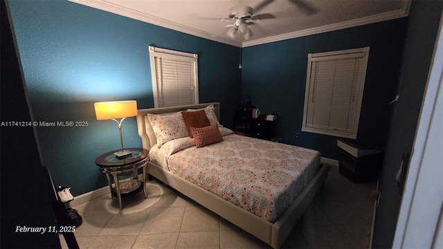 bedroom with crown molding, ceiling fan, and tile patterned floors