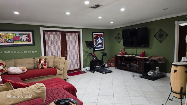 tiled living room featuring french doors and ornamental molding