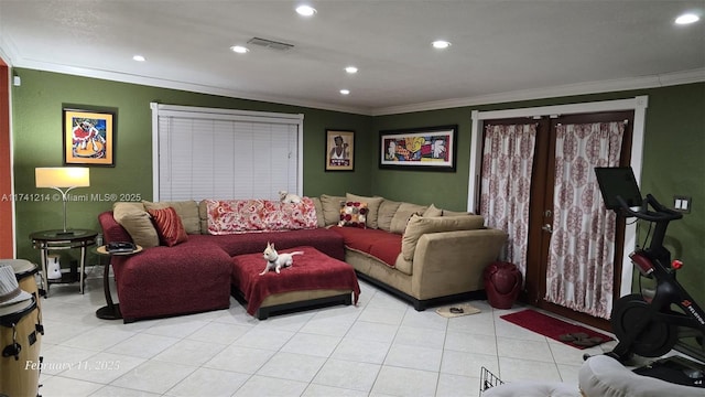 tiled living room with french doors and ornamental molding