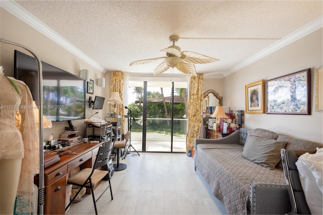 bedroom with access to exterior, crown molding, light hardwood / wood-style floors, and a textured ceiling