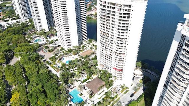 drone / aerial view with a water view