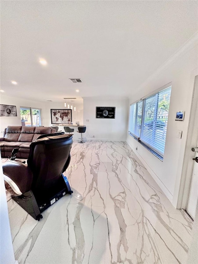 living room featuring a textured ceiling