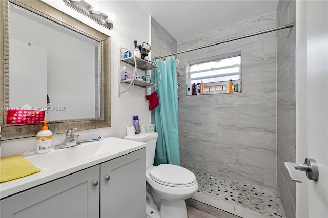 bathroom featuring vanity, walk in shower, and toilet