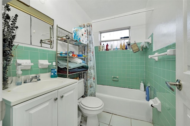 full bathroom featuring tile walls, tile patterned flooring, vanity, shower / bath combination with curtain, and toilet