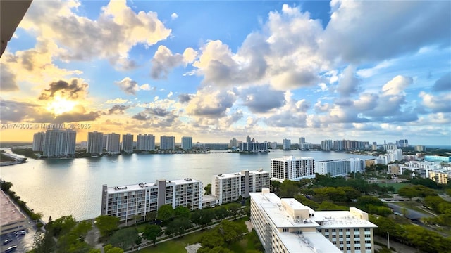 view of water feature with a city view