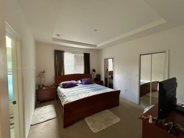 bedroom with light carpet and a tray ceiling