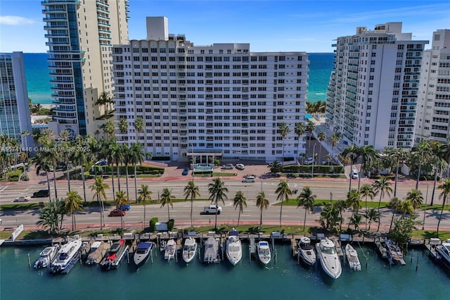 birds eye view of property featuring a water view