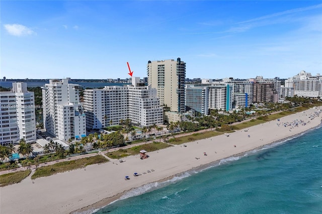 aerial view with a view of the beach and a water view