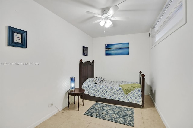 bedroom with light tile patterned flooring and ceiling fan