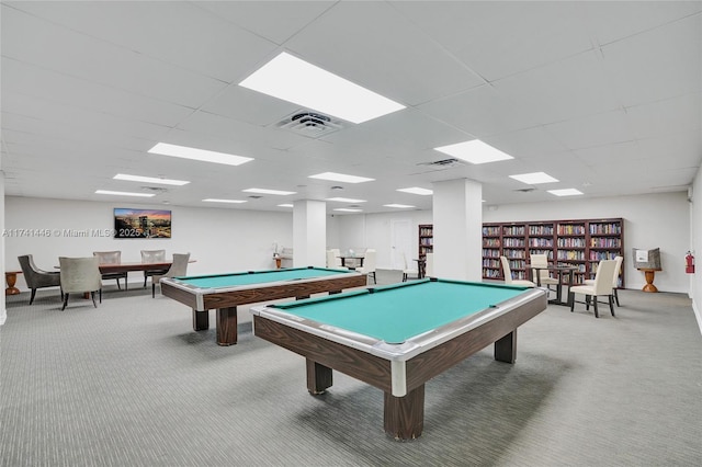 rec room featuring carpet flooring, pool table, and a drop ceiling