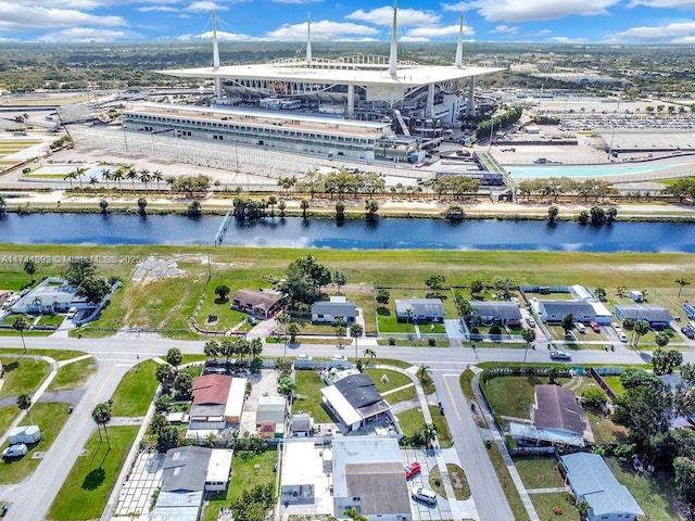 drone / aerial view with a water view