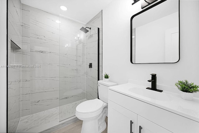 bathroom with vanity, a tile shower, and toilet