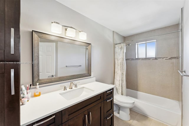 full bathroom with vanity, tile patterned flooring, toilet, and shower / bath combo with shower curtain