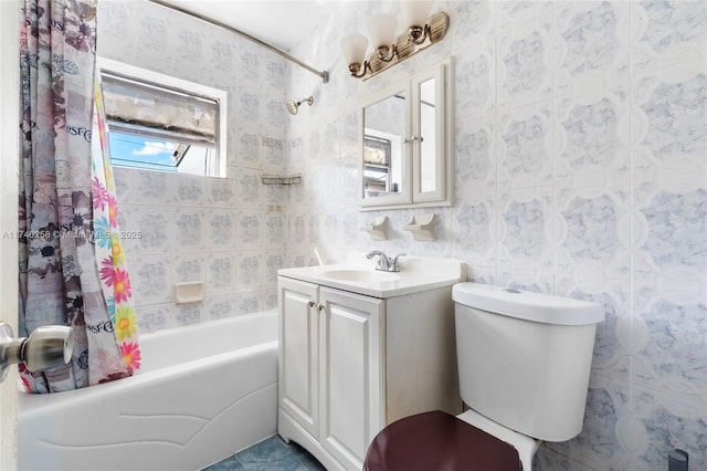 full bathroom featuring vanity, tile patterned floors, shower / bath combination with curtain, and toilet