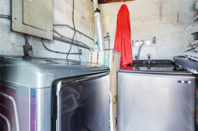 laundry room with washing machine and dryer and electric panel