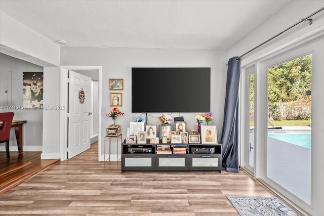 living room featuring light hardwood / wood-style flooring and a textured ceiling