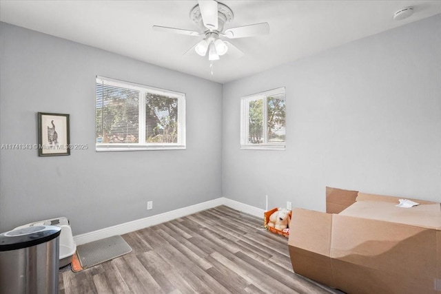 miscellaneous room with ceiling fan and light hardwood / wood-style flooring