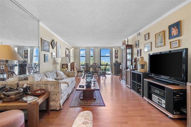 800 Parkview Dr Unit 523, Hallandale Beach, FL 33009 - living room with hardwood / wood-style floors, crown molding, and a textured ceiling