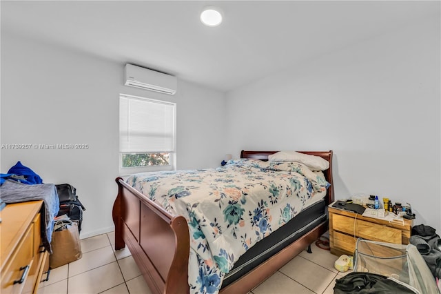 tiled bedroom with a wall mounted air conditioner