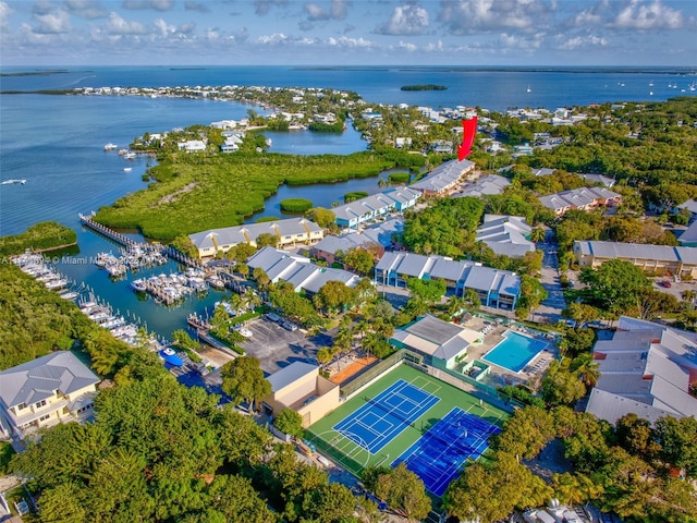 drone / aerial view with a water view