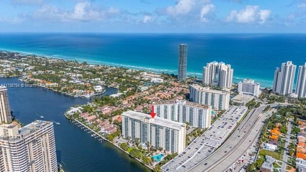 drone / aerial view featuring a water view