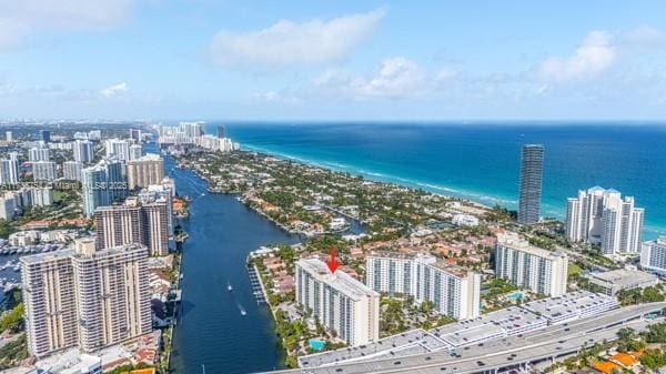 aerial view featuring a water view