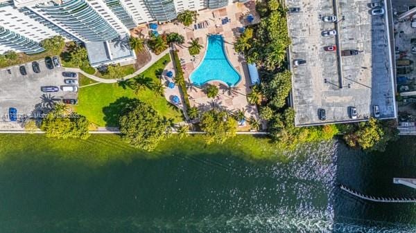 drone / aerial view with a water view