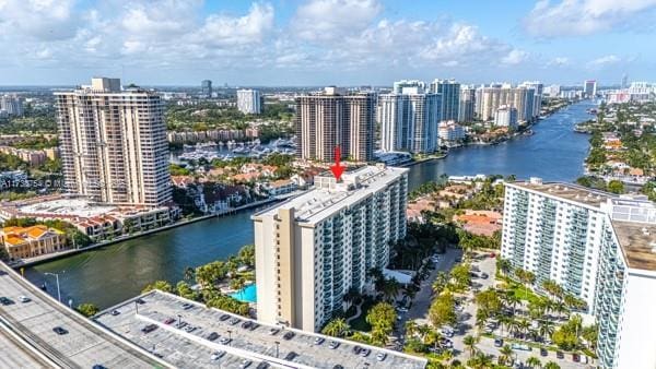 drone / aerial view featuring a water view