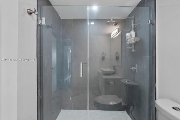 bathroom featuring walk in shower, sink, and toilet