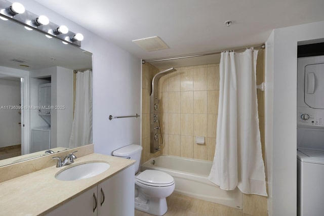 full bathroom with shower / bath combination with curtain, stacked washer / drying machine, toilet, and vanity