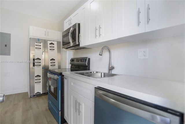 kitchen featuring sink, white cabinetry, light hardwood / wood-style flooring, appliances with stainless steel finishes, and electric panel