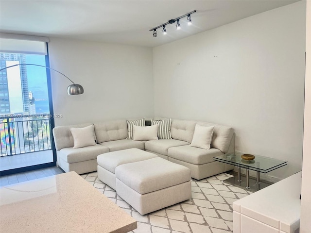 living room featuring track lighting and floor to ceiling windows