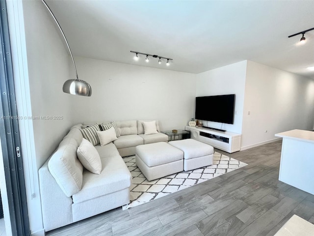 living room featuring wood-type flooring and rail lighting