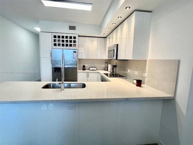 kitchen with sink, appliances with stainless steel finishes, backsplash, white cabinets, and kitchen peninsula