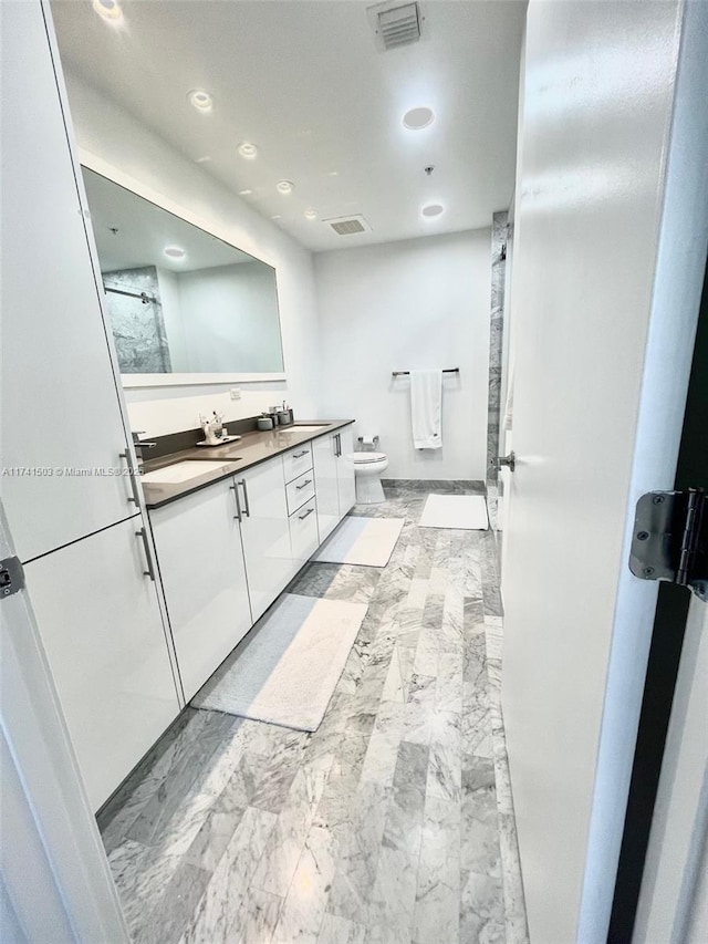 bathroom with vanity, a shower, and toilet